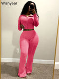 Sportswear Wash Retro Two 2 Piece Pants Set Sales Fall Winter Women Hoodies Jacket and Flared Trousers Suit Athletic Pink Outfit